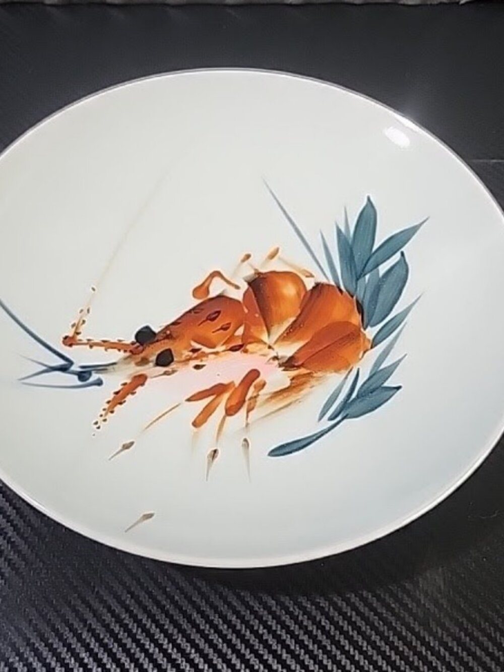 Vintage Japanese Raised Plate Hand Painted Shrimp & Bamboo 10" Porcelain Dish